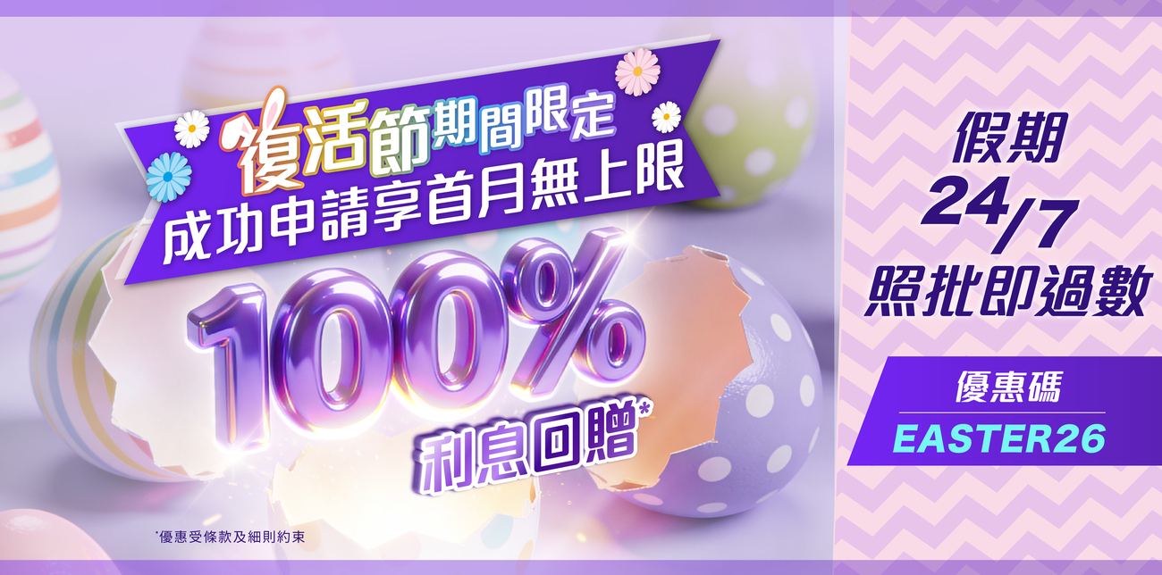 【復活節期間限定優惠】新客戶申請X現金A.I.貸款享限定 100% 利息回贈*！